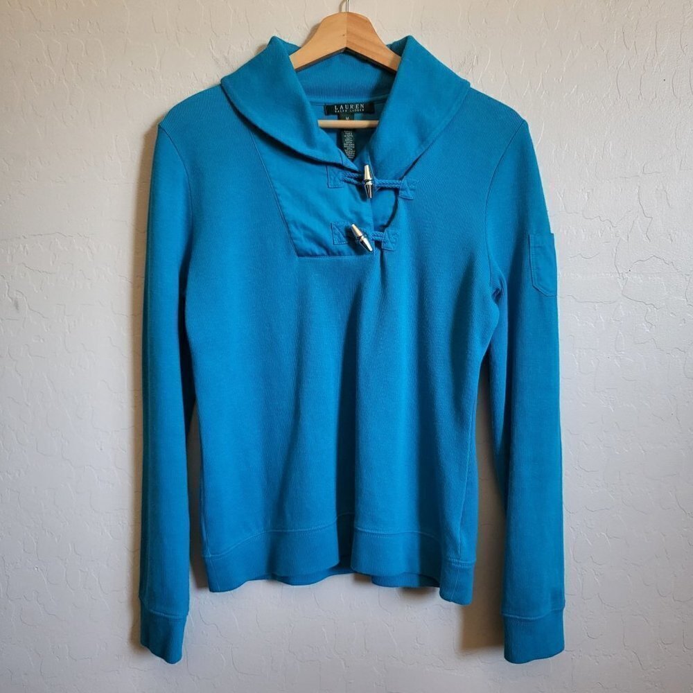 Ralph Lauren Shawl Neck Ribbed Sweater Toggle Buttons Preppy Blue Size Women's M